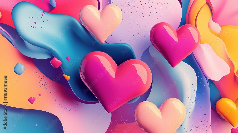 Poster heartfelt abstract: a vibrant explosion of color and playful 3d hearts dance across a dynamic abstra