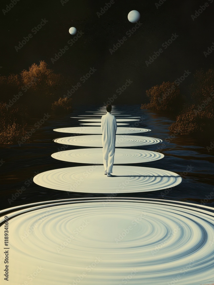 Aufkleber exploring cosmic paths journey through circular reflections in an otherworldly landscape