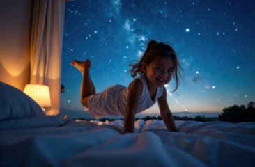 Naklejka premium Beautiful girl flying in her bed against the background of the starry sky. Blur foto