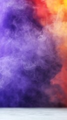 Vibrant purple orange smoke swirls dramatically against a white surface. AI Generated