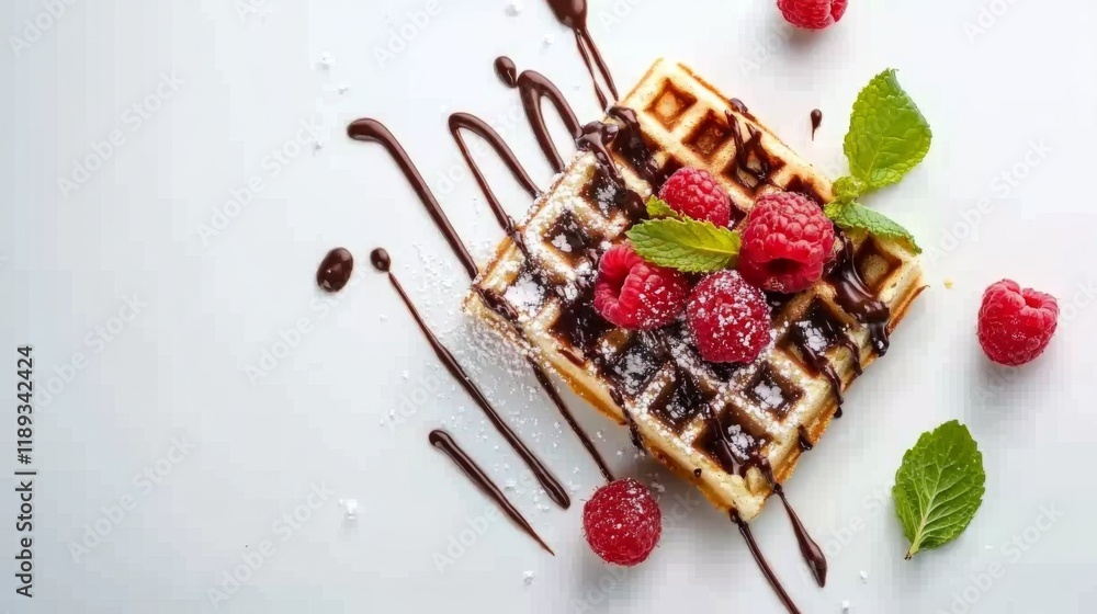 Poster a minimalist flat lay of a waffle topped with raspberries, chocolate drizzle, and mint leaves, prese