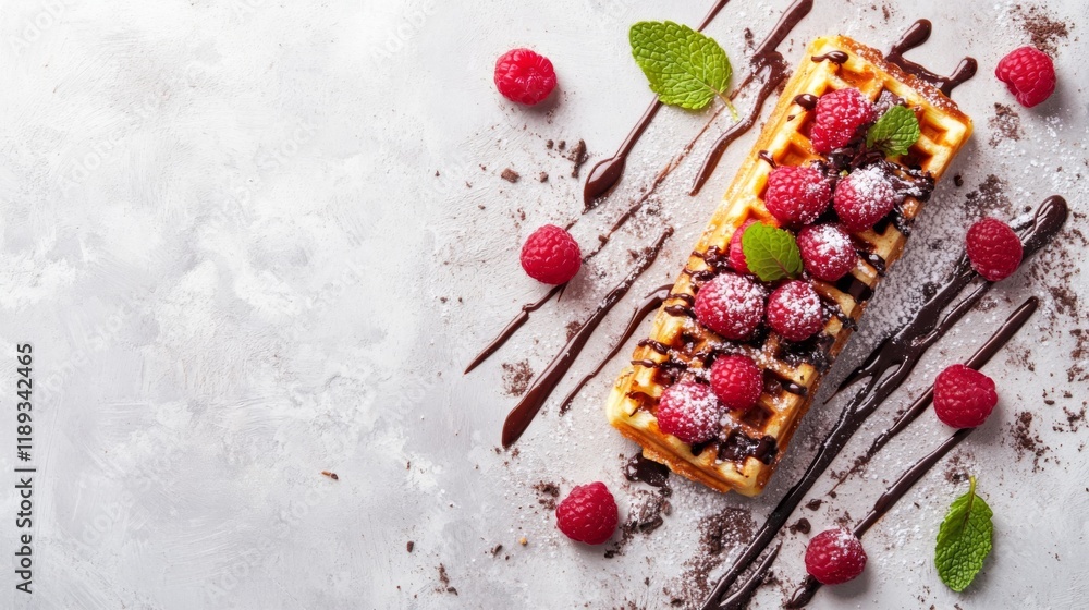 Poster a minimalist flat lay of a waffle topped with raspberries, chocolate drizzle, and mint leaves, prese