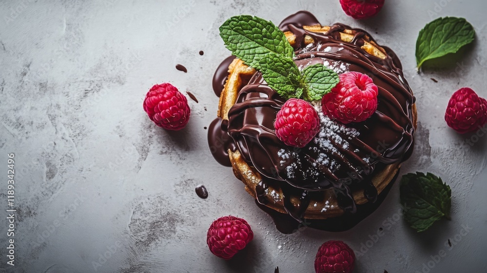 Poster a minimalist flat lay of a waffle topped with raspberries, chocolate drizzle, and mint leaves, prese