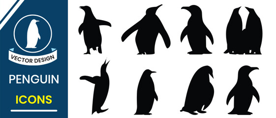 Obraz premium Penguin icon, mascot, logo design. Penguin silhouette, vector set design. Bird icon, silhouette, Penguin vector illustration. Set of silhouettes of birds, animals