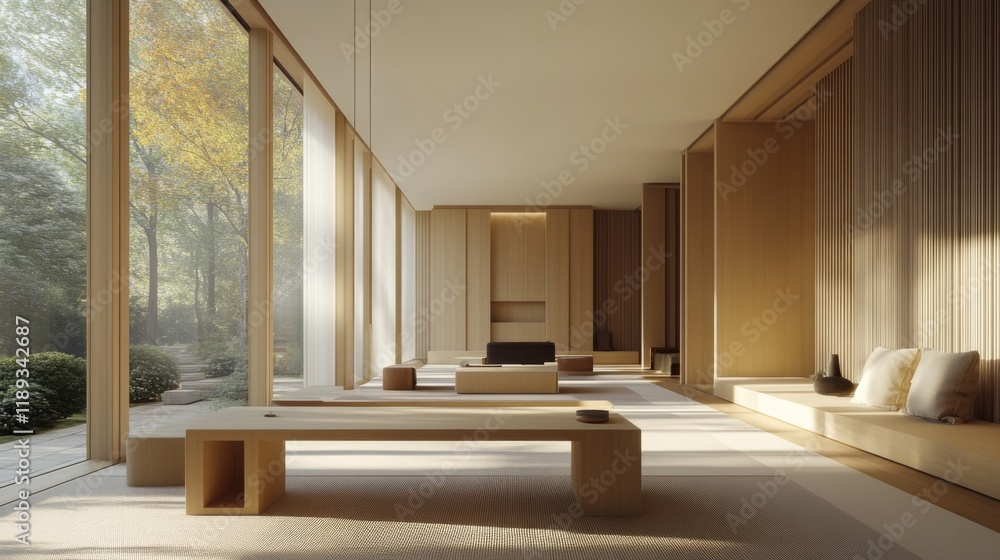 Poster a minimalist home office with a simple desk, clean lines, and neutral tones, set by a window that al