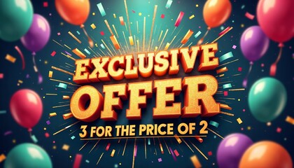 Radiant announcement of exclusive offer with 3 for the price of 2 surrounded by colorful streamers and balloons