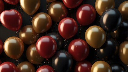 This image shows a closeup of a collection of shiny gold, red, and black balloons against a dark background.