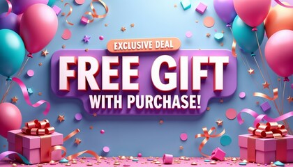 Playful announcement of exclusive deal with free gift for purchase surrounded by colorful ribbons and balloons