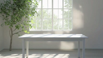 Fototapeta premium Elegant White Wood Table by Large Spring Window in Bright Room