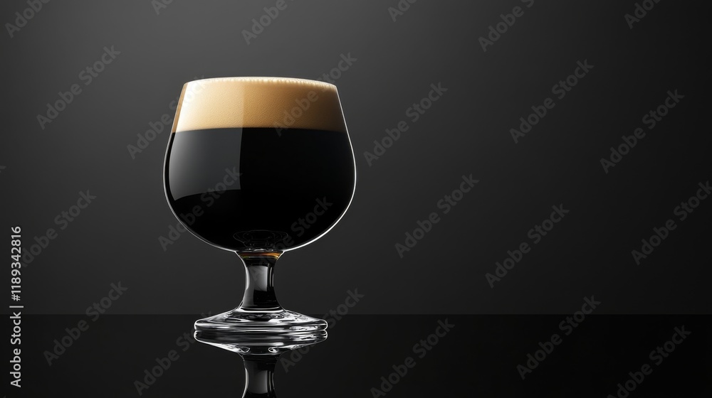 Poster A minimalist presentation of a dark stout beer in a sleek tulip glass, placed on a black slate table with subtle reflections and soft lighting.