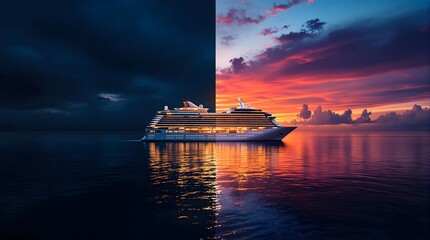 Split image of cruise ship at sunset and night, travel and vacation