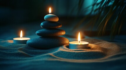 Serene Spa Scene- Stacked Stones and Candles on Sand