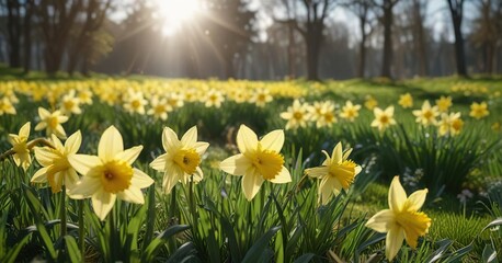 Obraz premium Sunny daffodils swaying gently in a green meadow, sunny landscape, yellow flowers