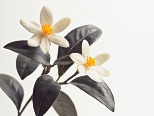 Obraz premium two white flowers with dark leaves on a white background