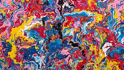 Colorful abstract painting with thick brushstrokes and swirling patterns creating a vibrant chaotic texture