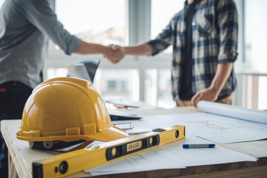 yellow safety helmet on workplace desk with construction worker team hands shaking greeting start up plan new project contract in office center at construction site, partnership and contractor concept - Powered by Adobe