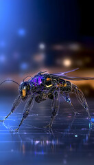 Futuristic robotic insect on digital surface, city lights background; tech, innovation concept