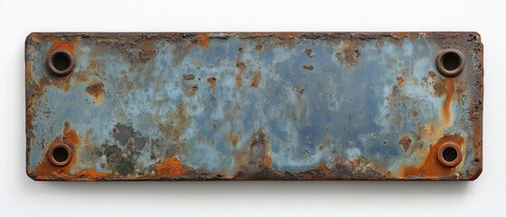 rusted blue metal panel with four holes on a white surface