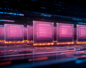 Futuristic server room; glowing data processors; digital code background; technology concept; website banner