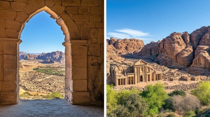 Ancient Petra ruins, Jordan  Desert landscape viewed through stone arch. Travel brochure