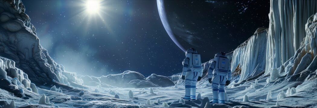 A group of tourists in spacesuits exploring the icy geysers of Enceladus, one of Saturn's moons. - Powered by Adobe