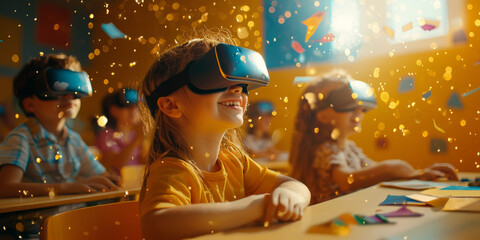 Children in a bright classroom using VR headsets, smiling and learning in an interactive virtual world