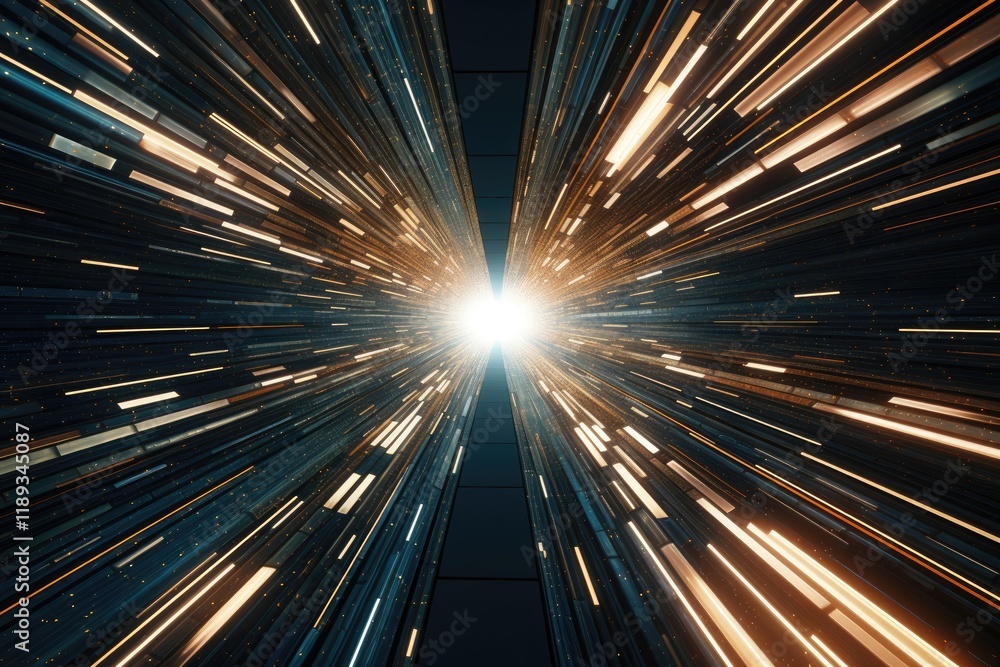 Poster one-point perspective depicting a high-speed data transfer illuminated by bright light, showcasing r
