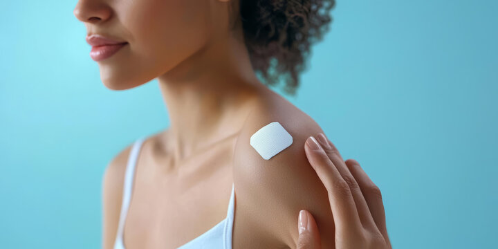 Woman applying birth control patch on shoulder against blank background.