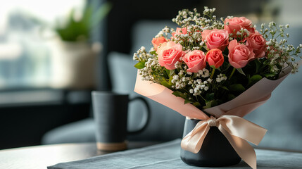 Obraz premium Luxurious bouquet of red and pink roses with delicate white accents resting on a cozy table by the window