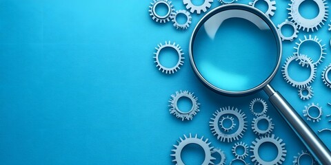 Magnifying glass and gears on blue background representing seo audit and analysis, Generative AI	