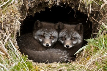 Naklejka premium A pair of arctic foxes curled up together in a den, sheltered from the biting Arctic wind.