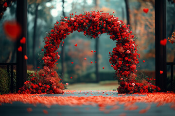 Floral archway adorned with red roses and heart-shaped petals creating a romantic atmosphere in a serene park setting