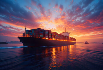 Container ship sailing at sunset, cargo transportation and trade