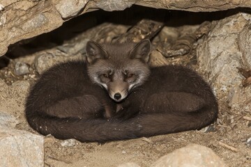 Fototapeta premium A pair of arctic foxes curled up together in a den, sheltered from the biting Arctic wind.
