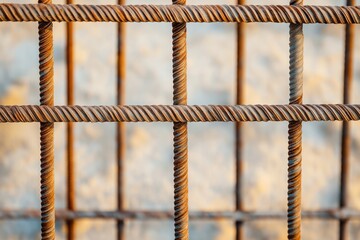 Close-up view of rusty rebar grid. Metal reinforcement structure for concrete foundation. Industrial construction material. Grid pattern evident. Steel framework shows texture. Strength, stability