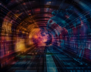 Global Data Network, Tunnel of Information, World Map, Technology Background, Abstract Digital Future