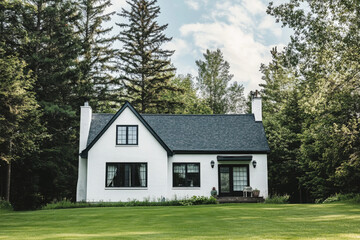 Obraz premium Old white colored town house with green lawn. 