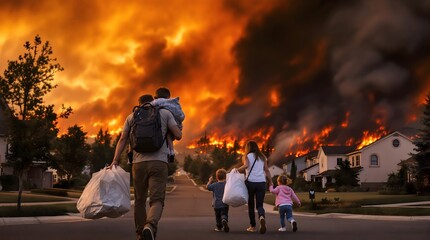 Family evacuating their home during a wildfire, emergency situation