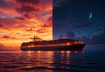 Fototapeta premium Container ship at sea at sunset and night, global logistics
