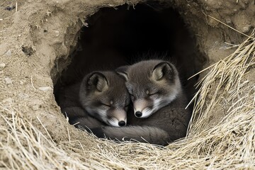 Fototapeta premium A pair of arctic foxes curled up together in a den, sheltered from the biting Arctic wind.