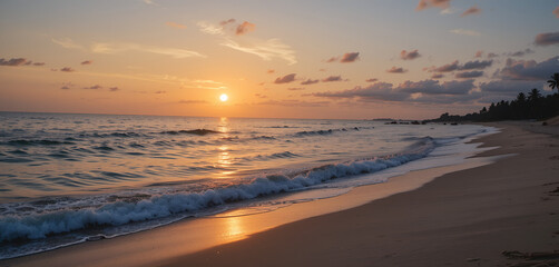 Obraz premium Stunning Panoramic Landscape of Sunset at a Sea Beach with Golden Sky