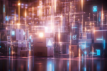 Global logistics network; digital data streams illuminate warehouse packages.  Illustrates efficient supply chain management for website or presentation