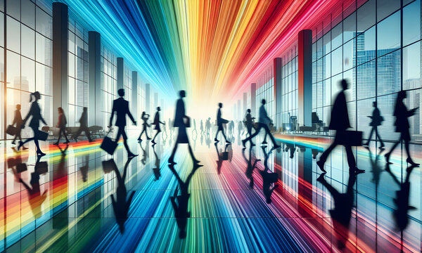 Eilige Menschen in Bewegungsunsch&auml;rfe in einer gro&szlig;en Halle, motion blur, mit Arbeitstaschen und Koffer, copy space , hastende Menschen-Silhouetten