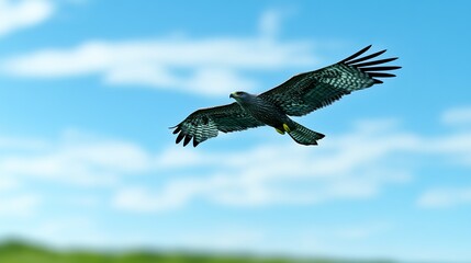 Obraz premium Majestic hawk soars gracefully through vibrant blue sky sunlit clouds. AI Generated