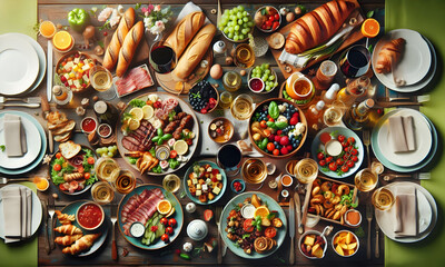 Festliche Tafel, üppig gedeckter Tisch mit Speisen und Getränken, flatlay