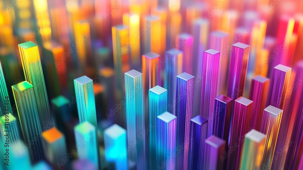 Poster a top-down view of a d bar graph with gradient-colored bars, illustrating increasing data values, ag