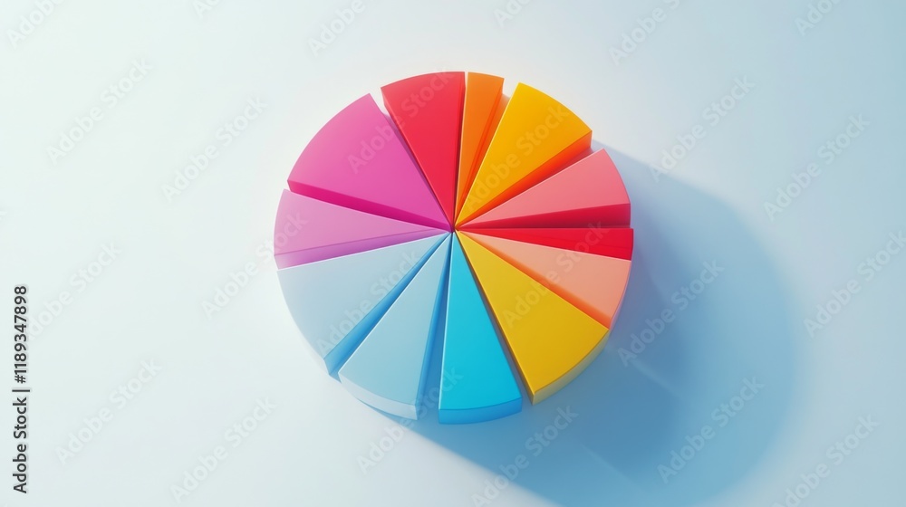 Poster a top-down view of a d pie chart with vibrant colors and varying segment sizes, representing budget 