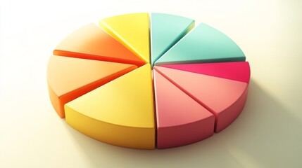 Obraz premium A top-down view of a D pie chart with vibrant colors and varying segment sizes, representing budget allocation, set against a light surface for emphasis.