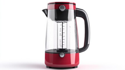 a red and clear electric kettle against a white background