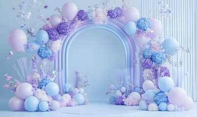 A colorful archway of balloons is set up in front of a white wall, Generative AI